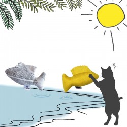 Homycat | Pack de la Mer - 2 Jouets Poisson pour chat (1 Marine Plume Gris + 1 Triangle jaune)