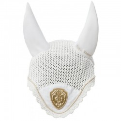 Bonnet chasse-mouches EQUITHÈME "Royal" - Couleur : blanc, patch et tresse coloris doré, Taille : cheval