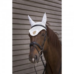 Bonnet chasse-mouches EQUITHÈME "Royal" - Couleur : blanc, patch et tresse coloris doré, Taille : cheval