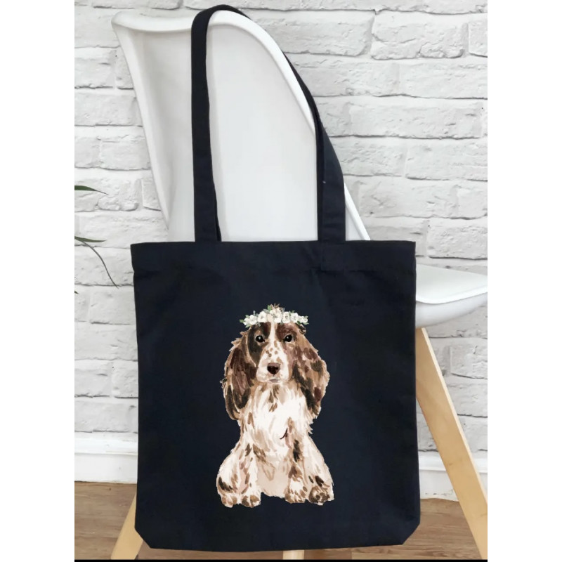 LOVETREE DESIGN/ Sac noir imprimé Cocker Spaniel avec couronne florale en coton biologique LOVETREE DESIGN/ Sac noir imprimé Cocker Spaniel avec couronne florale en coton biologique