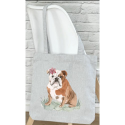 LOVETREE DESIGN / Sac gris impression à l'aquarelle  Bulldog Anglais et fleur en coton biologique